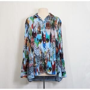 Tianello Loving Blouse Blue Tencel Rayon Colorful Print Women's Size L Flaw